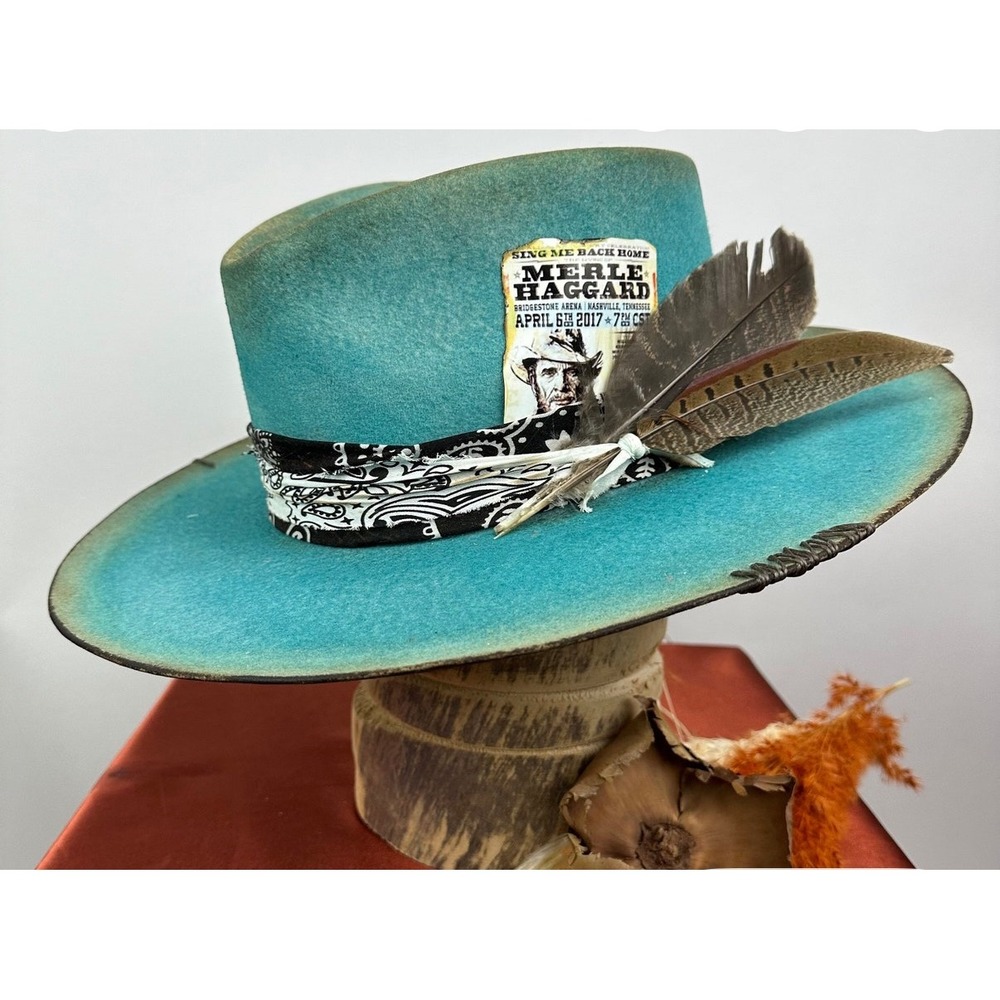 RevRan Hats Turquoise Western Cowboy Hat Merle Haggard Tour Feather Bandana 7